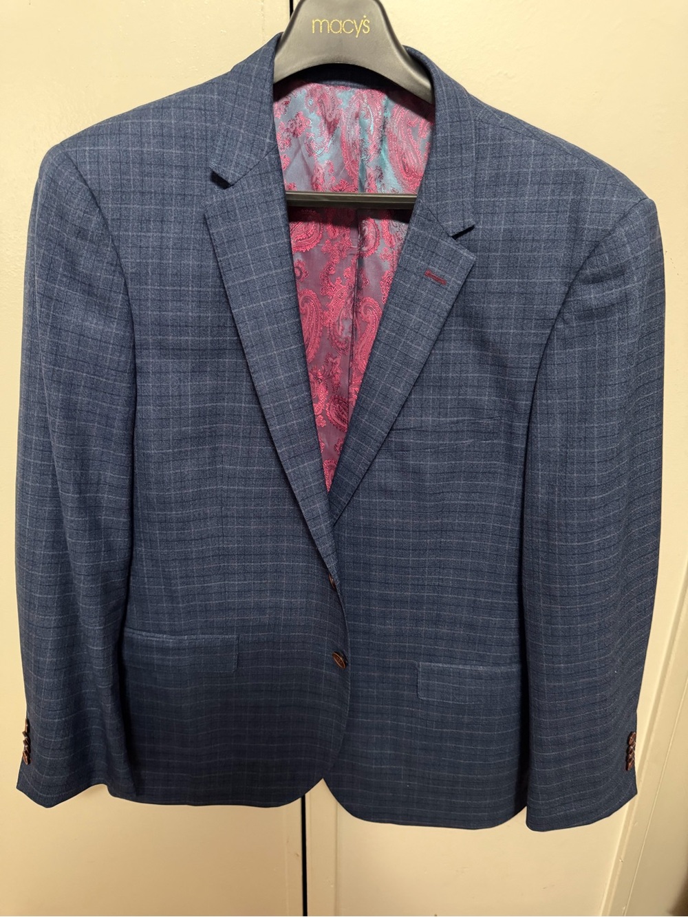 Super 150s Suit 3 pieces Blue Windowpane Sport Coat with Pink Paisley Lining